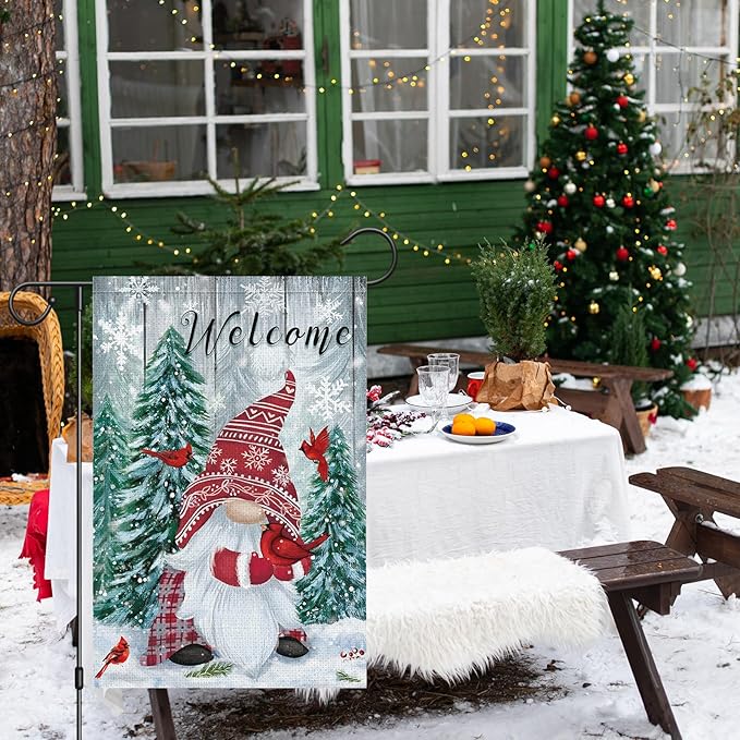 Heyfibro Welcome Christmas Garden Flag Winter Gnome Garden Flags 12x18 Double Sided Burlap Cardinals Snowflakes Snow Garden Yard Flags for Seasonal Outside Outdoor House Decoration (ONLY FLAG)