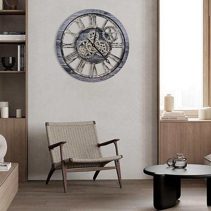 The B-Style Large Wall Clock 24 inch Moving Gear Wall Clock Oversized Vintage Farmhouse Wall Clocks for Living Room Decor Rustic Industrial Wood Clock (Carbon Gray, 36 inch/90cm)