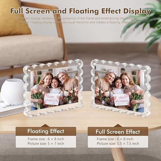 3Pack Magnetic Acrylic Picture Frames 5×7 Inch - Scalloped Photo Frame with 10+10mm Thick Block, Double Sided Clear Frames for Desktop Display | Trendy Home Gift (Clear, 5X7)