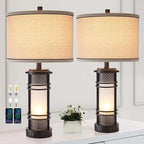 Set of 2 Modern Table Lamps for Living Room, Contemporary Nightstand Lamp with Dual USB Port, Bedside Lamps with White Frosted Glass Night Light for Bedroom, 4 Bulbs Included (Black)