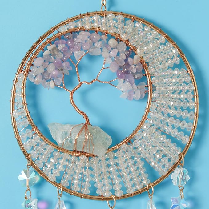 Green Quartz Gemstone Dream Catcher Tree of Life Chakra Dream Catchers with Healing Crystal Stones Handmade Dreamcatcher Sun Catcher Wall Decor for Boys Girls,Bedroom,Wedding,Garden,Bless Gift