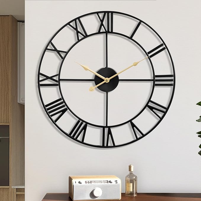 1st owned Large Wall Clock Metal Retro Roman Numeral Clock, Modern Round Wall Clocks Almost Silent, Easy to Read for Living Room/Home/Kitchen/Bedroom/Office/School Decor (Black, 40 Inch)
