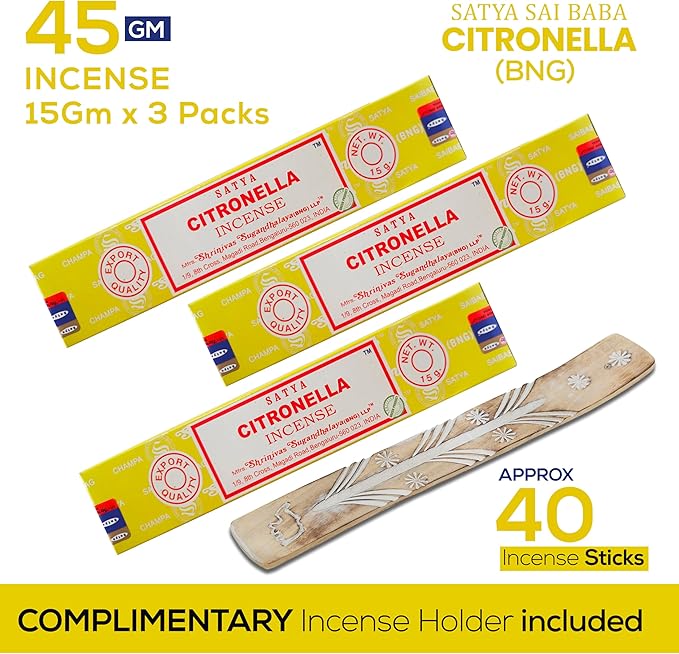 Satya Nagchampa Citronella Incense Sticks, Satya Bng (Bangalore) Insenses 15gmx3 Pack (45 GMS) with Raajsee Incense Holder Bundle, Satya Nagchampa Natural Incense
