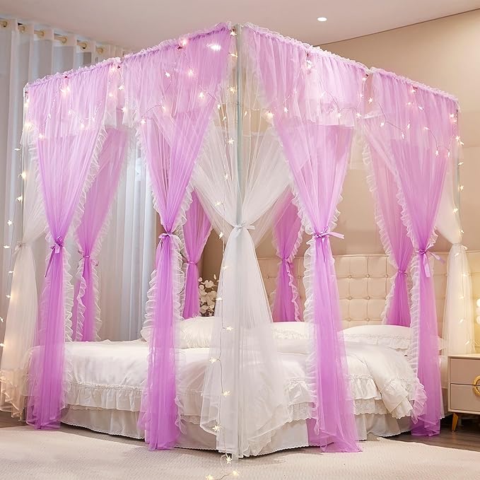 4 Corners Post Princess Curtains Bed Canopy for Girls 8 Panels Curtain- Double Layer Sheer Mesh Canopies Drapes Girls Room Decor (8P-Purple/White, 4P(27"x82") W+4P(40"x82") L/(Full))