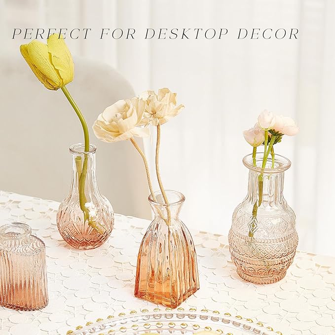 Glass Bud Vase Set of 20, Small Flower Vases, Glass Vases for Centerpieces, Vintage Home Table Decorations Bud Vases (20 Pcs, Amber)