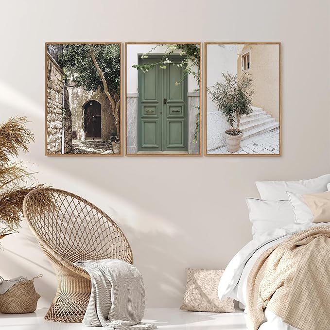 SIGNINART Large Vintage Italy City Landscape Framed Canvas Wall Art Set, Rustic Olive Green Tree Wall Decor, Modern Minimalist French Farmhouse Art Print for Living Room,Bedroom,Office 24"x36"x3