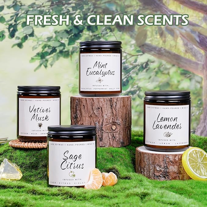 Auelife Scented Candles Set | Scented Candle for Home - 4 Pack Candle Gifts, Soy Candles for Home - Aromatherapy Gift of Mint Eucalyptus/Lemon Lavender/Sage Citrus/Vetiver Musk