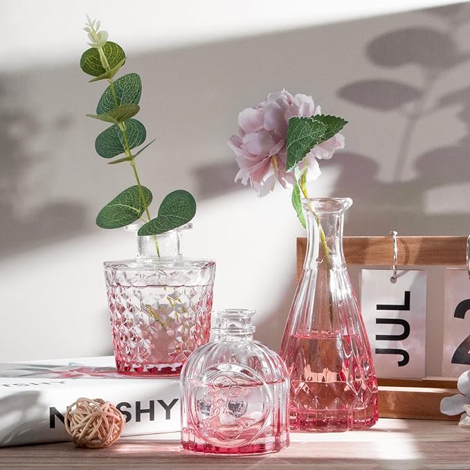 Pink Glass Bud Vases Set of 12, Vintage Mini Vases for Centerpieces, Glass Bud Vase in Bulk for Wedding Decor, Single Flowers, Office and Home Table Flower Décor