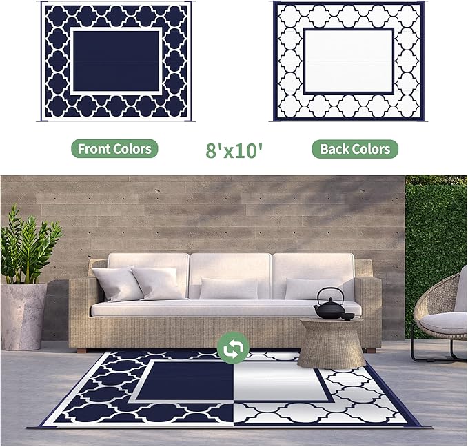 GENIMO Outdoor Rug 8' x 10' Patio Waterproof, Foldable Reversible Plastic Straw Area Rugs Mat for Camper Decor, Outside Carpet for Rv, Deck, Porch, Picnic, Beach, Balcony, Blue & White