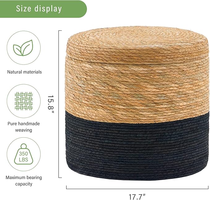 Wimarsbon Round Pouf Ottomans, Handwoven Natural Water Hyacinth Seagrass Pouffe,Outdoor Rattan Stool Accent Seat, Bohemian Coastal Home Decor (Storage - 18inch Natural Cattail & Black Corn Shell)