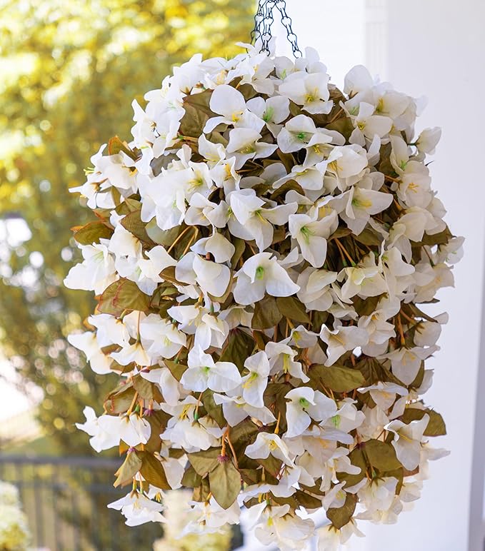 Bougainvillea Artificial Fall Flowers Fake Plants for Outdoors Autumn Decoration, 3PCS Faux Silk Hanging Trailing Vines with Baskets UV Resistant Realistic for Front Door Patio Balcony, Fall White