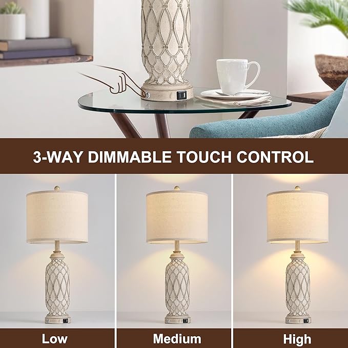 Farmhouse Table Lamps for Bedroom Set of 2, 28" Rustic Bedside Lamp with USB Ports, 3-Way Dimmable Nightstand Table Lamp for Living Room with Linen Drum Shade (Bulbs Included)