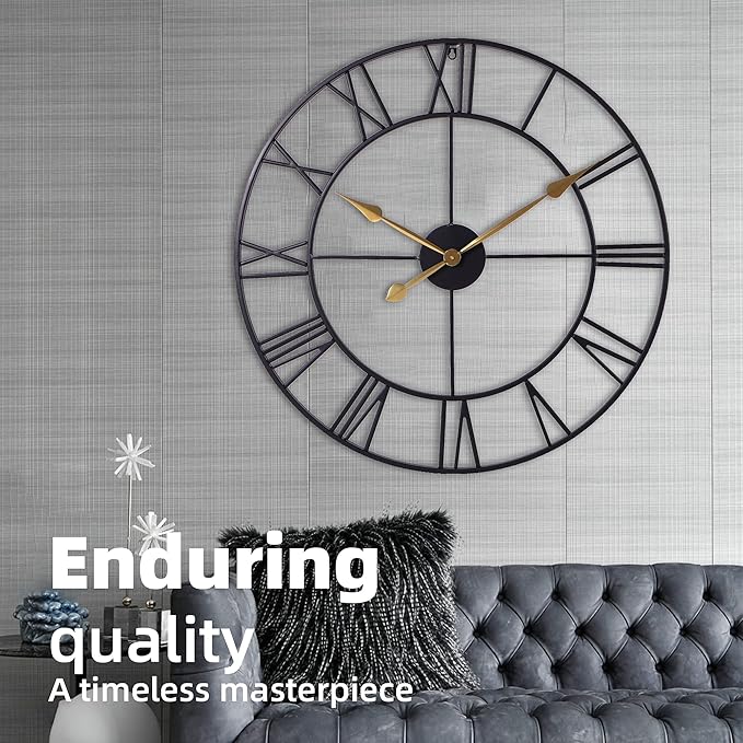 INFINITY TIME 30 Inch Wall Clocks for Living Room Decor, Oversized Modern Black Metal Roman Numeral Wall Clock Decorative(Gold Hands)