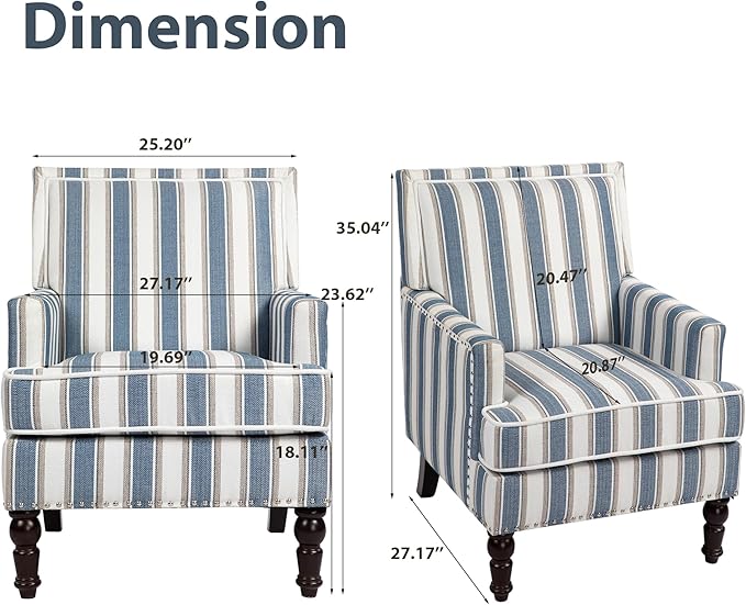 Accent Chair, Modern Comfy Mid-Century Accent Chairs，Linen Upholstered Lounge Arm Chair with Solid Wood Reading Side Padded Single Sofa for Living Room/Office/Balcony/Bedroom-Blue Stripe