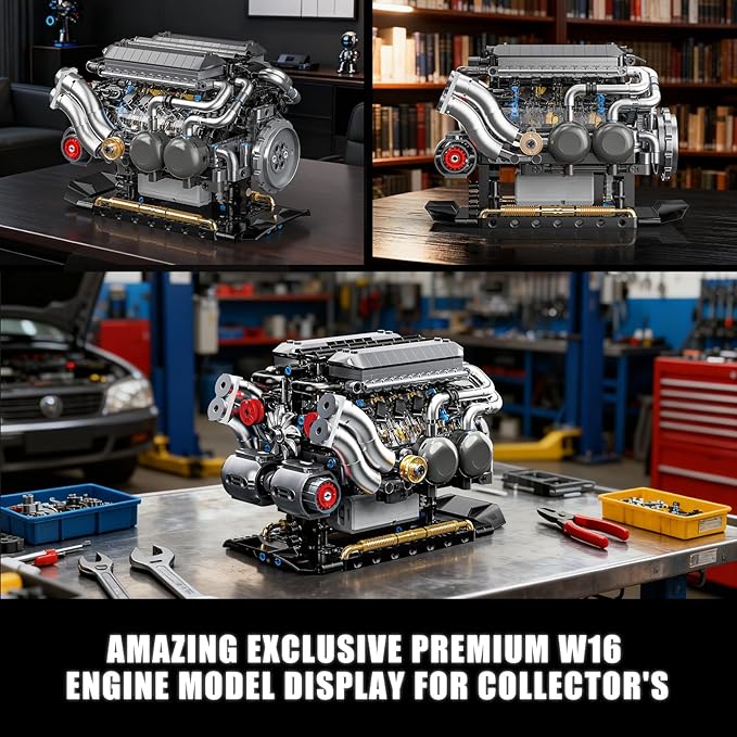 W16 Engine Building Blocks Set for Adults, STEM Mini 16-Cylinder Engine Model Kit That Runs, Compatible with Lego Car, DIY Physical Science Experiment Toy for Teens Kids Boys (801 PCS)