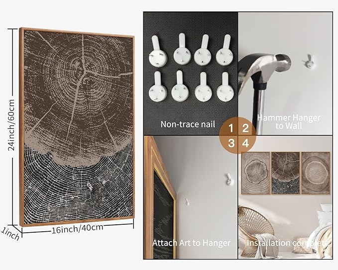 SIGNINART Beige Tree Ring Framed Canvas Wall Art Set, Abstract Black and White Rustic Wood Wall Decor, Neutral Wood Stump Artwork, Modern Art Prints for Bedroom Living Room Office 16"x24"x3