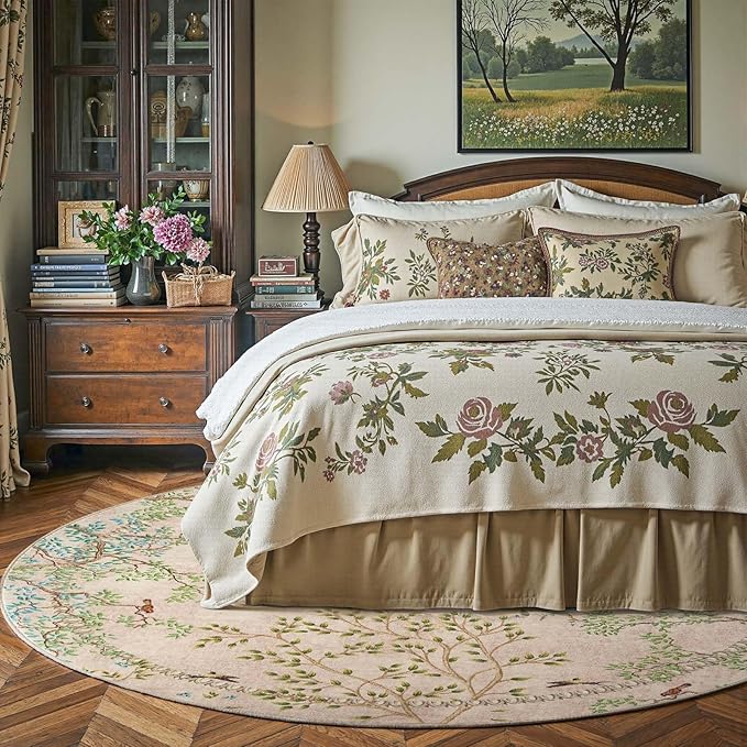 jinchan Round Rugs 7ft Beige Botanical Birds Print Machine Washable 7' Circle Nature Plants Modern Soft Non Slip Kids Throw Area Rugs Ultra Thin Low Pile Carpet for Living Room Bedroom Dining Room