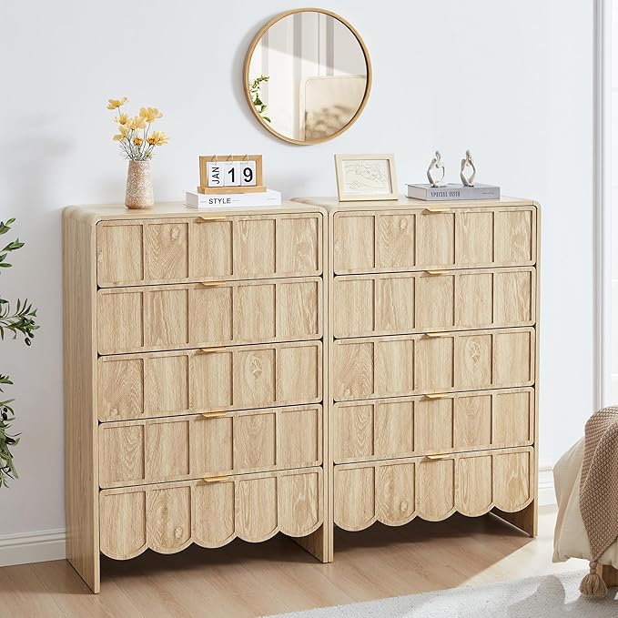 5 Drawer Dresser for Bedroom Set of 2, Modern Closet Chest of Drawers with Wave Fluted Drawer, Wood Storage Small Dresser Organizer for Nursery Bedroom Living Room Hallway Closet (Natural)
