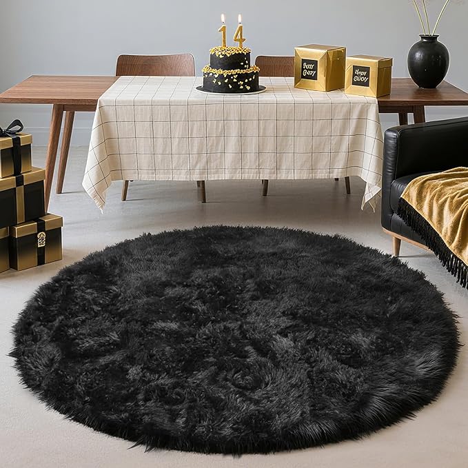 Black Fluffy Round Area Rugs for Bedroom,4'X4'Shag Circle Area Rugs for Living Room,Non Slip Fuzzy Plush Rug for Kids Boys Girls Room and Dorm Home Decor Rug
