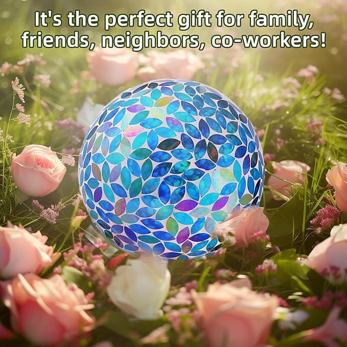 VOREEN 10-Inch Gazing Ball Glass Mosaic Gazing Globe, Outdoor Reflective Ball Yard Decoration for Homes, Patio, Lawn and Gardens, Gift for Mom Wife Friend, Blue and Amber