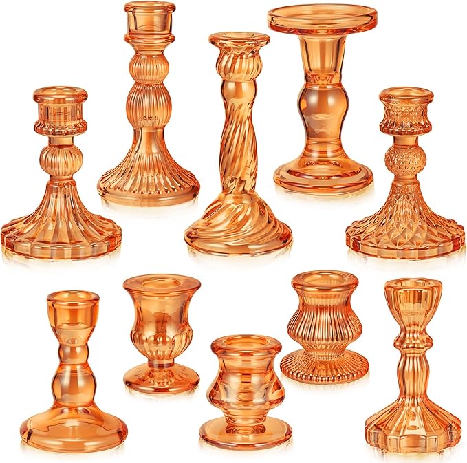 Mumufy 10 Pcs Glass Crystal Taper Candle Holders Clear Glass Candlestick Holder Fit 0.8 Inch Candles Crystal Decorative Candle Stand Centerpiece Table Wedding Dining Party (Classic,Orange)