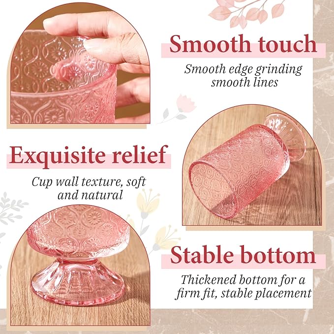 6 Pcs (H:7" W:4") Embossed Flower Vase Fall Pedestal Glass Vase Big Base Thickened Crystal Vintage Vases for Autumn Wedding Home Decor Table Centerpiece House Warming Gifts(Pink)