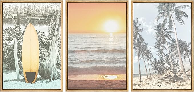 SIGNWIN Framed Canvas Print Wall Art Set Retro Sunset Hawaiian Surfboard Palm Trees Nature Wilderness Photography Modern Art Landscape Relax/Calm for Living Room, Bedroom, Office - 24"x36"x3 Natural