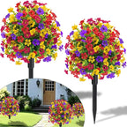 22.8" Set of 2 Fall Artificial Boxwood Topiary Ball with Spikes,UV Resistant Fake Outdoor shrubs with Violet Flowers, Realistic Faux Plants Bushes for Garden Front Porch Yard Patio Decor(Mixcolors)