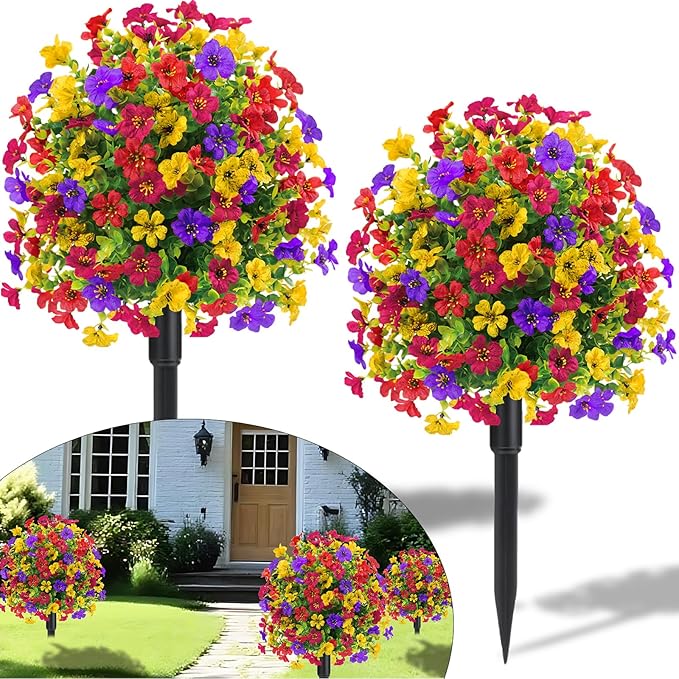 22.8" Set of 2 Fall Artificial Boxwood Topiary Ball with Spikes,UV Resistant Fake Outdoor shrubs with Violet Flowers, Realistic Faux Plants Bushes for Garden Front Porch Yard Patio Decor(Mixcolors)