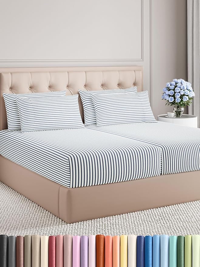 Split King Sheets Set 7 Piece - Includes 4 Pillowcases - Bed Sheets Split King - Soft Hotel Luxury Bedding - Cooling and Breathable - 1 Flat & 2 Fitted & 4 Pillowcases w/ Deep Pockets - Blue Stripes
