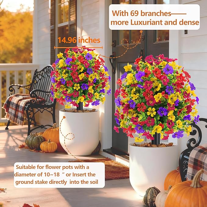 22.8" Set of 2 Fall Artificial Boxwood Topiary Ball with Spikes,UV Resistant Fake Outdoor shrubs with Violet Flowers, Realistic Faux Plants Bushes for Garden Front Porch Yard Patio Decor(Mixcolors)