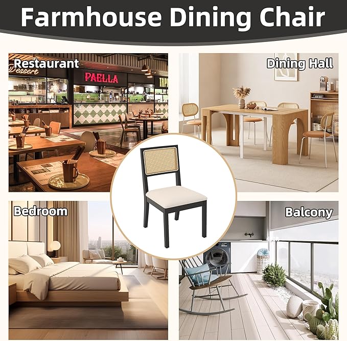 Westice Rattan Dining Chairs Set of 2, Farmhouse Natural Dining Room Chairs with Upholstered Cushion, Wood Armless Chairs for Kitchen/Restaurant, Black