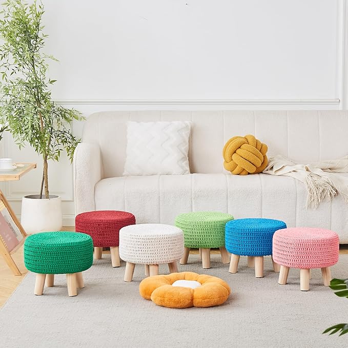 Wimarsbon Pouf Ottoman, 100% Cotton Knitted Boho Footstool, Round Footrest with Non-Skid Wood Legs, Home Décor Handmade Pouffe, Leisure Floor Step Stool for Living Room (Matcha)