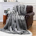 BATTILO HOME Wolf Faux Fur Blanket, Extra Large Fox Fur Throw Blankets for Couch, Bed, Super Soft, Fluffy, Eelegant, Grey with Black Tips Blanket Reversible to Plush Velvet, (Grey, 60"x80")