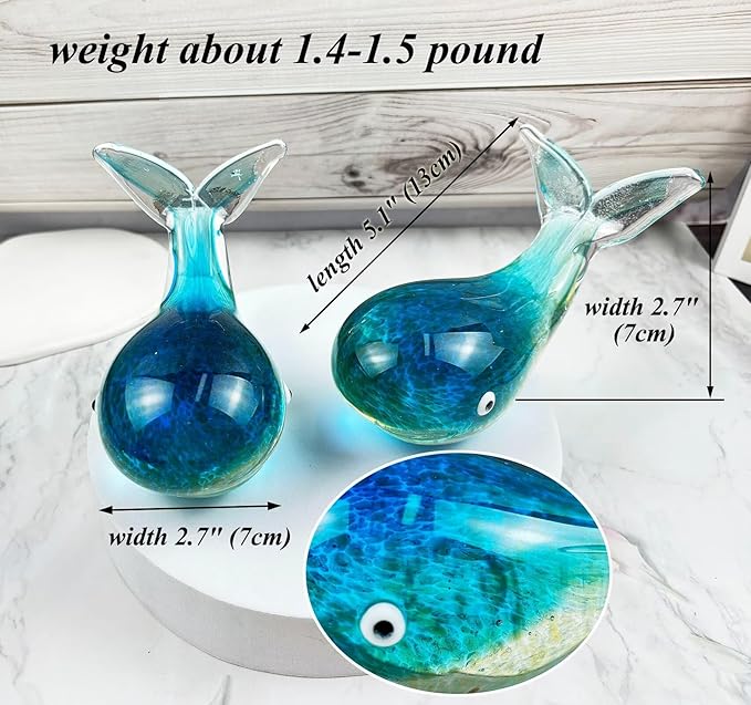 Crystal Whale Figurine Hand Blown Glass Whale Statue Collectibles Art Glass Sea Animal Paperweight Home Table Decor Gift Colorful 5.1''
