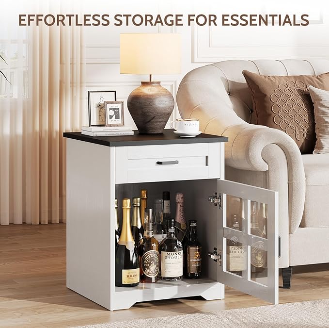 Farmhouse End Table Set of 2 with Drawer, 18" Large Side Table with Storage Cabinet and Acrylic Door, Wood Nightstand Bedside Table for Living Room, Bedroom, White