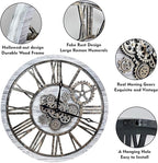 The B-Style Large Real Moving Gears Wall Clock 30 inch Rustic Retro Industrial Farmhouse Wood Clock Oversized Decorative Vintage Wall Clocks for Living Room (Gray White, 30 Inch/76CM)