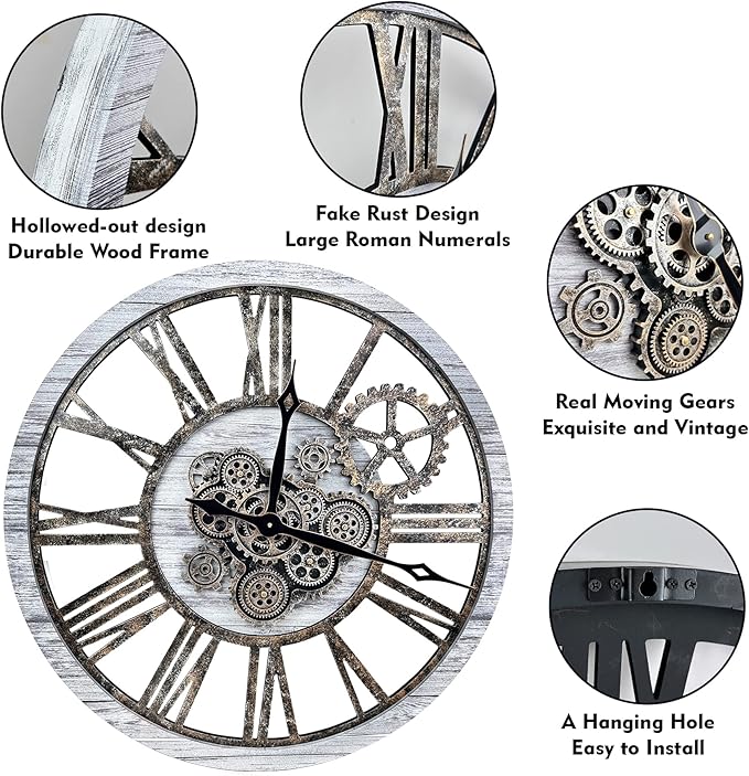 The B-Style Large Real Moving Gears Wall Clock 30 inch Rustic Retro Industrial Farmhouse Wood Clock Oversized Decorative Vintage Wall Clocks for Living Room (Gray White, 30 Inch/76CM)