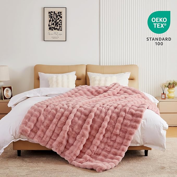 BENVWE Faux Fur Throw Blanket for Couch Bed - Fluffy Soft Thick Bubble Blanket for Living Room Home Decor - Mothers Day Birthday Gifts for Women, Dusty Pink, 63" x 80"