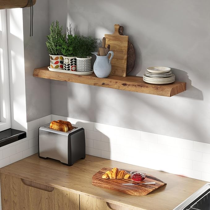 Fun Memories 40" Floating Shelves for Wall, Live Edge Solid Elm Wood Floating Shelf with Invisible Bracket, Wall Mounted Display Wooden Shelves for Bathroom, Kitchen, Bedroom, Natural Color, Set of 1