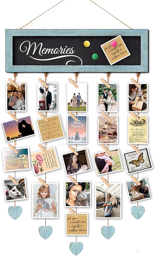 Picture Frames Collage Display Board with 30 Clips - Multi Photos Cards Organizer with Adjustable Twines and Magnetic Blackboard - DIY Wall Decor Hanging Picture Holder 15.7x5 Inches