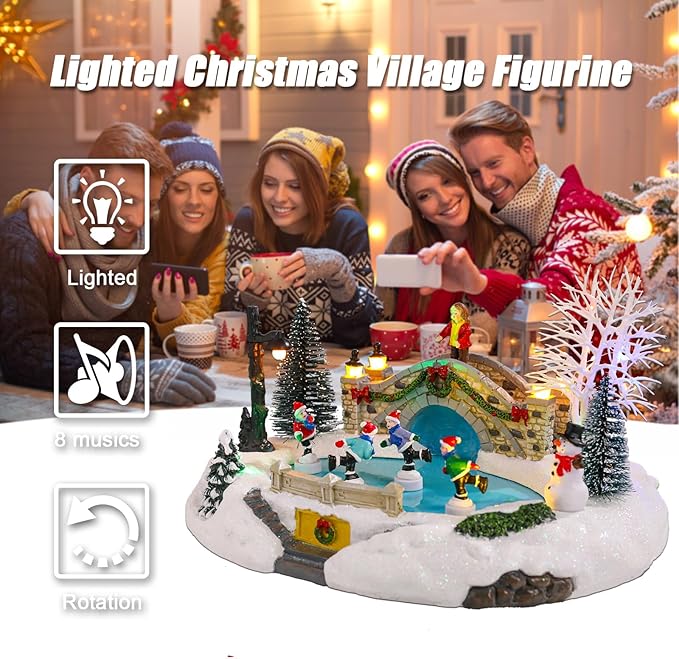 Vigdur Christmas Snow Village - Animated Christmas Village Skating Pond with Colorful Lights & 8 Xmas Music, Rotating Skier, USB&Battery Powered Christma Collectible Buildings for Home