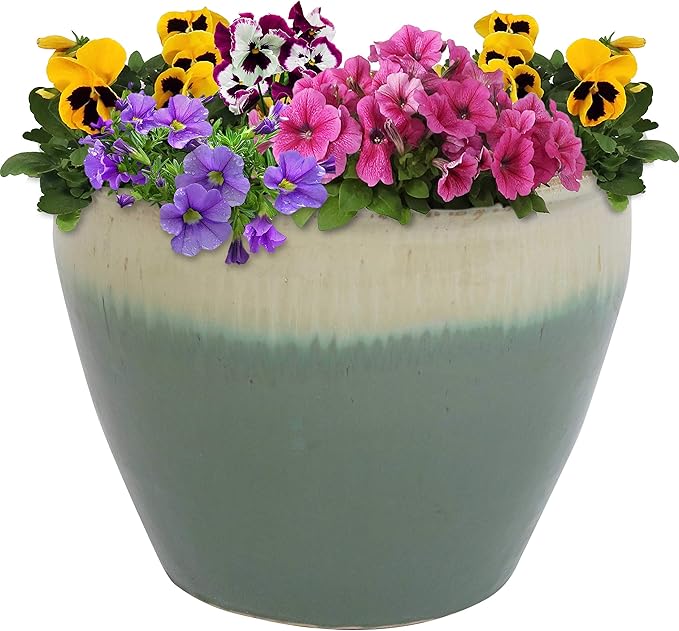 Sunnydaze Chalet Large Ceramic Plant Pot - Round Outdoor Glazed Ceramic Planter Pot with Drainage - Seafoam - 14.5"