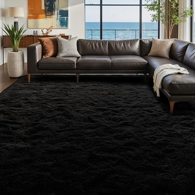 8x10 Ft Large Shag Black Rug for Living Room, Ultra Soft Fluffy Furry Area Rugs for Bedroom Indoor Floor, Aesthetic Carpet for Kids Home Decor