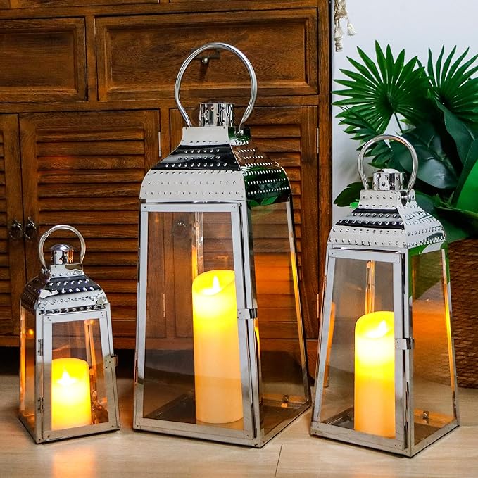 TRIROCKS Set of 3 Stainless Steel Candle Lanterns 20.5''&16''&12''H Decorative Candle Holders with Tempered Glass for Indoor Outdoor Porch Parities and Wedding(Silver)