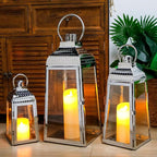 TRIROCKS Set of 3 Stainless Steel Candle Lanterns 20.5''&16''&12''H Decorative Candle Holders with Tempered Glass for Indoor Outdoor Porch Parities and Wedding(Silver)