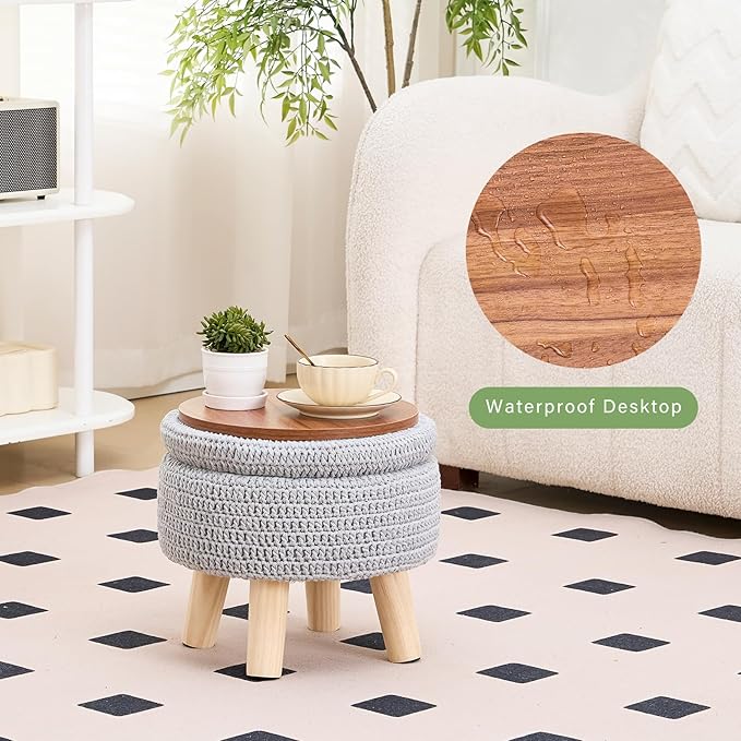 Wimarsbon Pouf Ottoman, 100% Cotton Knitted Boho Footstool, Round Footrest with Non-Skid Wood Legs, Home Décor Handmade Pouffe, Leisure Floor Step Stool for Living Room (Storage Grey)
