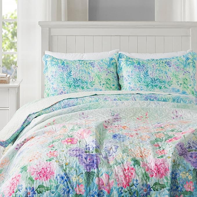 Travan Floral Quilt King Quilt Bedding Set, Ultra Soft & Fade Resistant King Size Quilt Set with 1 Quilt Set and 2 Shams Purple Quilt for All Season, Dream Garden-Purple, King