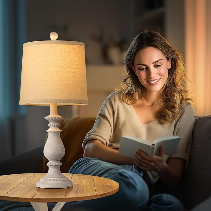 QiMH Farmhouse Table Lamp Set of 2, Rustic Table Lamps for Living Room, Vintage Nightstand Lamp with Rotary Switch, Beside Lamps for Bedroom, Traditional Table Lamps with Linen Shade, Antique White