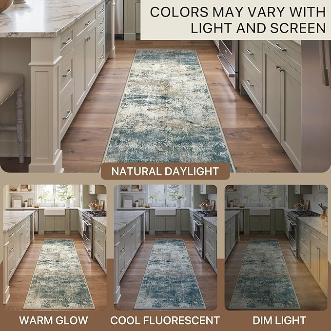 Runner Rug for Hallway Kitchen, 2'6"x6' Machine Washable Runners Rug for Entryway, Soft Modern Abstract Throw Rugs, Low Pile Floor Cover with Non Slip Backing, Navy Beige